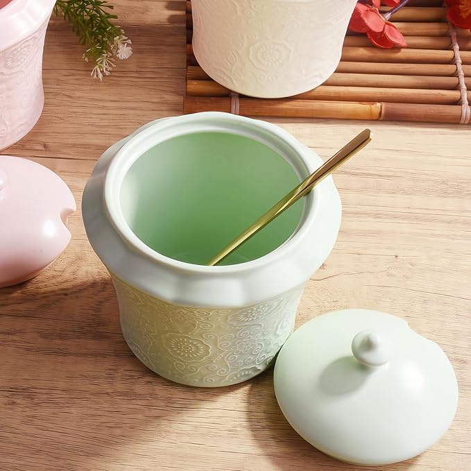 13.5oz Sugar Bowl with Lid and Spoon Green Ceramic Sugar Creamer Container, Sugar Jar, Durable Sugar Pot for Coffee Bar Accessories, Coffee Bar Decor