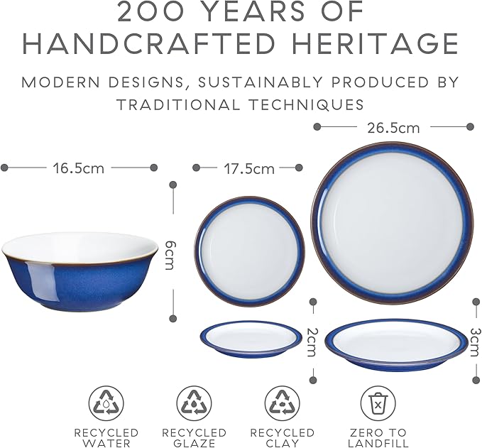 Denby - Imperial Blue Dinner Set for 4-12 Piece Ceramic Tableware Set Blue, White - Dishwasher Microwave Safe Crockery Set - 4 x Dinner Plate, 4 x Small Plate, 4 x Cereal Bowl