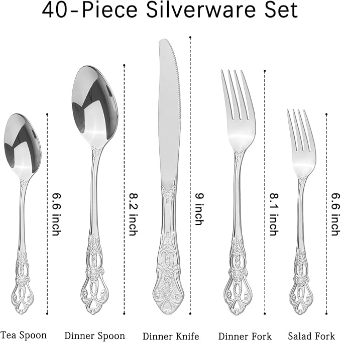 Retro Royal Silverware Set With Gift Box For 8 Cutlery Set Utensils Stainless Steel Flatware 40 Pieces MIKIWAY Kitchen Tableware Set For Gifts Festive, Dishwasher Safe, Mirror Polishing