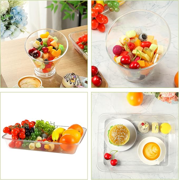 Rtteri 8 Pcs Acrylic Angled Salad Bowls and Serving Trays Set Includes 6 Pcs Large Plastic Clear Serving Bowls and 2 Pcs Rectangle Serving Platters for Party Snack Weddings