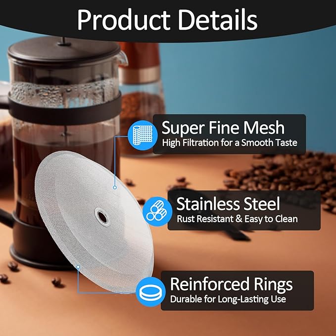 4 PCS 4 Inch French Press Filter, Reusable Stainless Steel Replacement Filters French Press Filters Replacement Screen for Presses Coffee Makers Tea Machines Replacement Parts for Coffee Maker