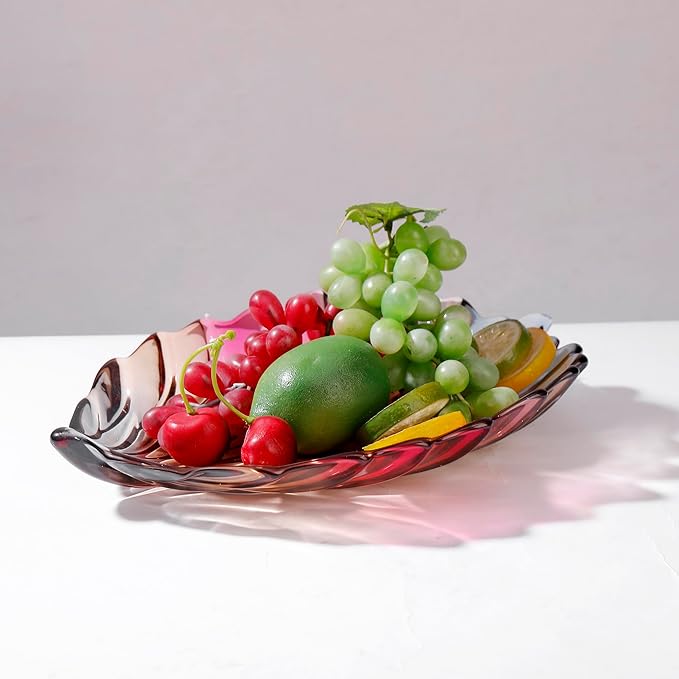 MAGCOLOR Creative Colorful Hand painted Crystal Glass Leaf-shaped Decorative Bowl -12.2 inch Diameter Fruit Display & Kitchen Table Centerpiece.