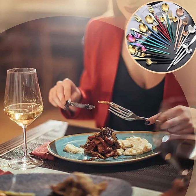 Slim Handle Flatware Serving Set for 6, 24 PCS Matte Cutlery Set with Knife Fork Spoon, Dishwasher Safe/Mirror Polished for Home, Kitchen, Restaurant(Rainbow Color,B)