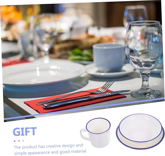 Cabilock Retro Enamelware Tableware Service White Sturdy Household Soup Bowls Plates Cups Creative Kitchen Dinnerware for Rice Soup Salad