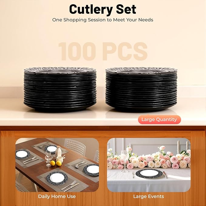 100 Pcs Antique Charger Plates Bulk Round Plastic Dinner Plate Embossed Rim Server Plate Decorative Chargers Floral Plates for Dinner Parties Wedding,13 Inch (100pcs-Black)