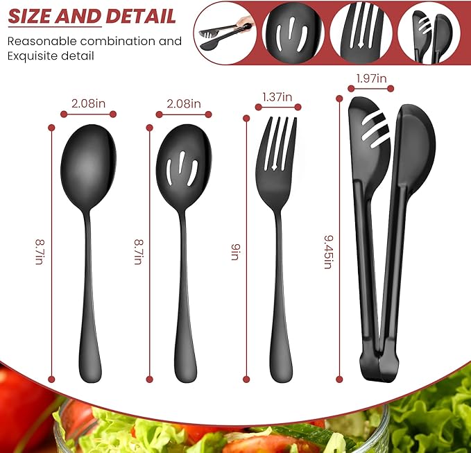 Patelai 8 Pcs Black Stainless Steel Serving Utensils Set 8.7" Large Spoons and Slotted Spoon 9.45" Tong 9" Forks Flatware Wedding Valentine's Day Holiday Party Buffet Banquet Cooking Kitchen Catering