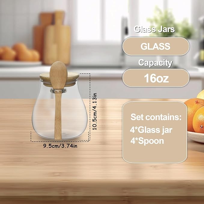 Glass Storage jars with Bamboo Lids and Spoon -16 oz Airtight Storage Containers Glass jar,Wide Mouth,Leak-Proof,Comes Suitable for Coffee Beans, Tea Leaves,Grains, Dried Fruits (Small4PCS)
