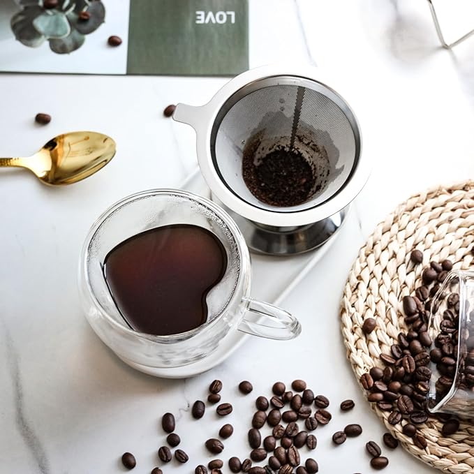 Pour Over Coffee Dripper Stainless Steel Coffee Filter Cone Coffee Filters Double Mesh Design Reusable