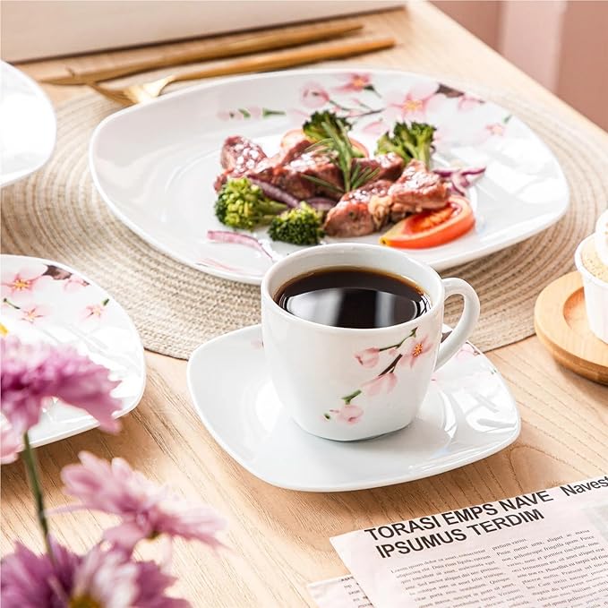 Crockery Set 30/60-Piece White Ceramic Pink Floral Porcelain Plate Set with 5Pcsdinner Soup Dessert,Cups Saucers for 12 Person,60,Piece
