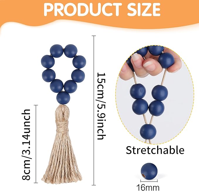 Meplait 6 Pieces Wooden Bead Napkin Rings, Farmhouse Stretchable Napkin Rings with Tassel for Dining Table,Wedding Decoration (Navy Blue)