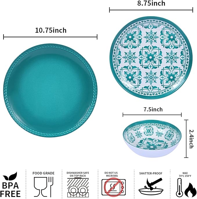 Melamine Dinnerware Set 12-Piece (Service for 4) – Dishwasher Safe, Unbreakable Lightweight Plates & Bowls for Indoor/Outdoor Use – Patio, Kids, Camping