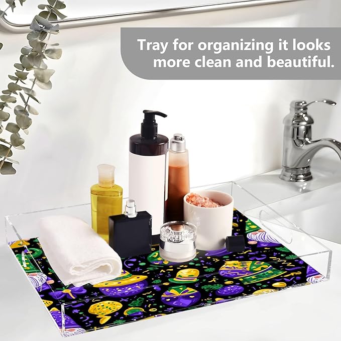 Serving Tray with Handles Clear Acrylic Tray 12x16 Inch Decorative Rectangular Tray Organizer for Ottoman Coffee Table Bathroom Purple Mardi Gras Gnome