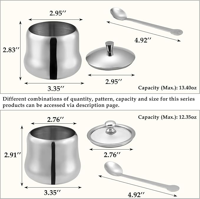 2 pack 12oz Stainless Steel Sugar Bowl Decorative Silver Ghee Container with Spoon and Glass Lid Small Spice Jars for Seasonings Condiment Pot for Kitchen Coffee Table