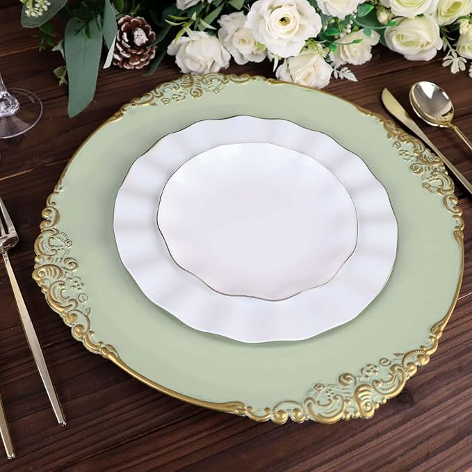 13" Charger Plates -Set of 24 - Acrylic Sage Green Round Baroque Disposable Chargers Leaf Embossed Rim, Ideal for Dinner Party Wedding Bulk Events