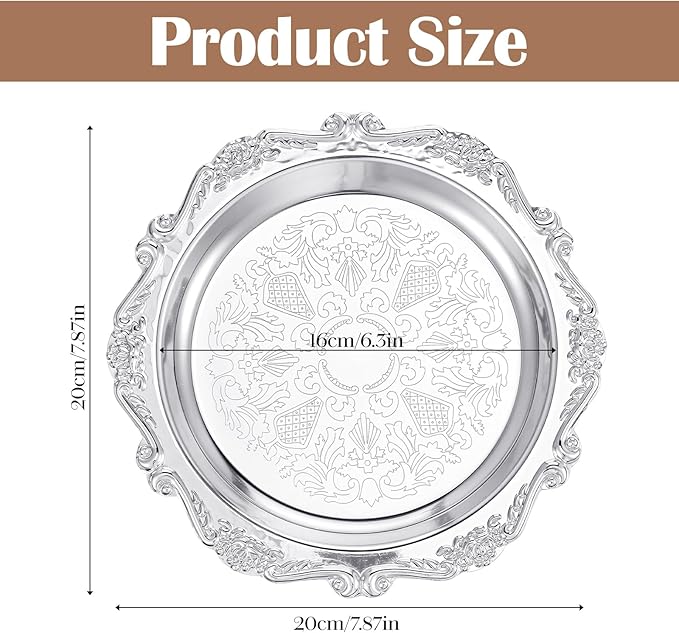 7.8" Silver Tray, Silver Serving Trays Vintage Floral Engraved Mirror Decorative Tray Jewelry Display Trays for Wedding Kitchen Party Centerpiece Display Perfume Organizer