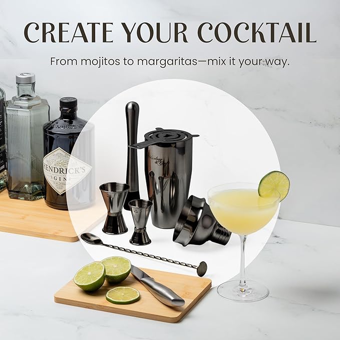 Mixology & Craft 11-Piece Cocktail Shaker Set with Wood Stand | Complete Cocktail Kit Gift Set | Top Bartender Gifts for Men & Women | Leak-Proof Tools (Gun-Metal Black)