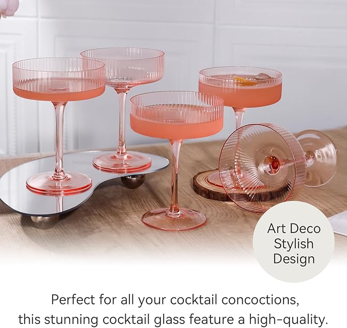 Cyrelwing 9 oz Pink martini glasses Vintage Art Deco Blush Pink Coupe Glasses Set of 6 Pink Ribbed Cocktail Glasses for Espresso Martini, Champagne,Cosmopolitan,Manhattan,Cocktail