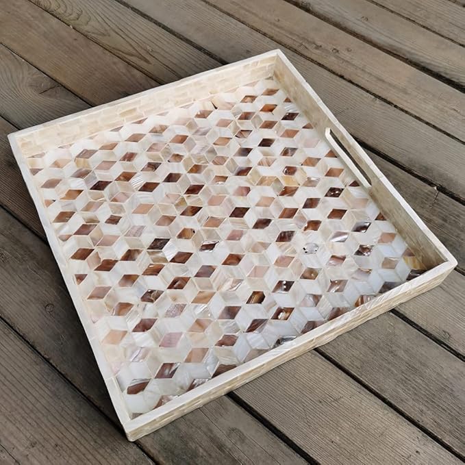 I-lan 18 Inch Mother of Pearl Square Serving Trays with Handles and 2”Wall, Large Brown Ottoman Tray with Rhombus Inlay Nacre, Decorative Lacquer Wooden Shell Tray for Food, Catering, Display,L