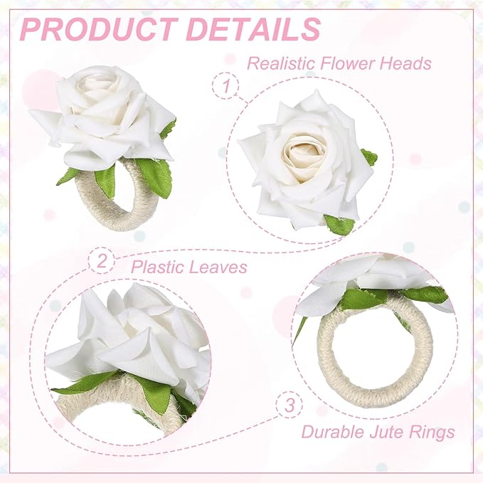 uxcell 4Pcs Flower Napkin Rings, Handmade Rose Napkin Ring Holders Buckles Table Decorations for Christmas Thanksgiving Valentine Decor Wedding Parties, Banquet, Home, White
