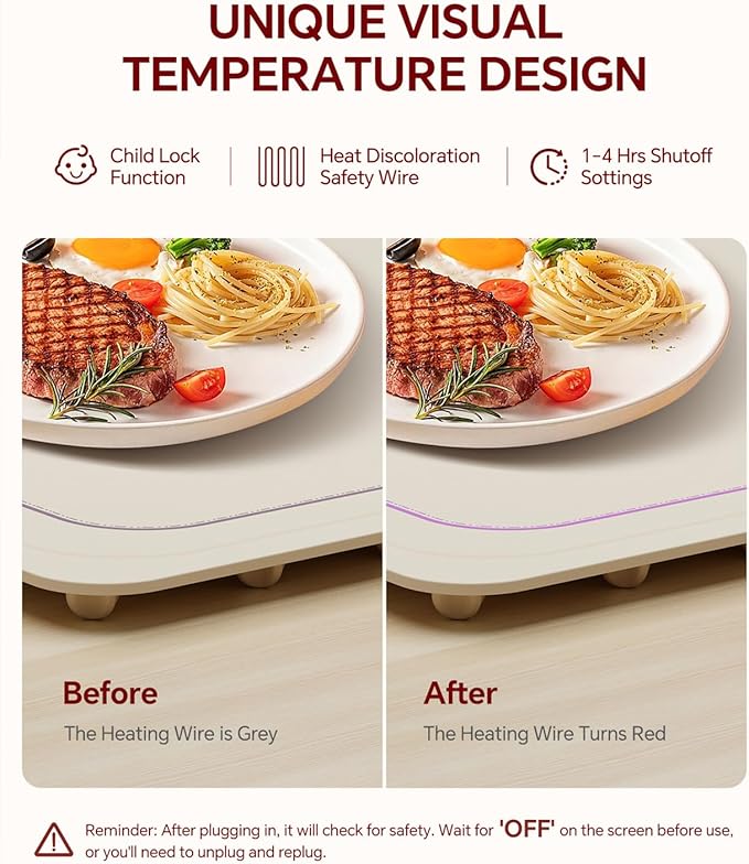 Food Warming Mat, Silicone Heating Tray with 7 Temperature Settings, Quick Full Surface Heating Pad, Thermochromic Line, Kids Lock, Food Warmers for Parties