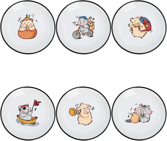 SOCOSY Super Cute Cartoon Animals Ceramic Sauce Dishes, Seasoning Dishes, Little Cat Dog Bird Feeding Bowls, Sushi Soy Dipping Bowls, Appetizer Plates, Dessert Plates-Busy Hamster-5 Inch