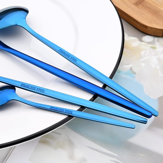 24Pcs Blue Mirror Silverware Flatware Set, 18/0 Stainless Steel Cutlery Set Utensils Kitchen Dinnerware Include Knife Fork Spoon and Teaspoon, Service for 4