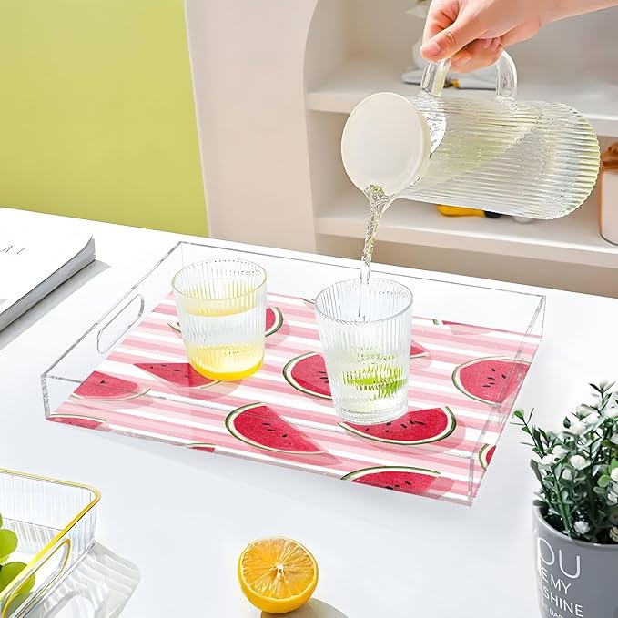 Serving Tray with Handles Clear Acrylic Tray 12x16 Inch Decorative Rectangular Tray Organizer for Ottoman Coffee Table Bathroom Pink and White Striped Juicy Watermelon Slices