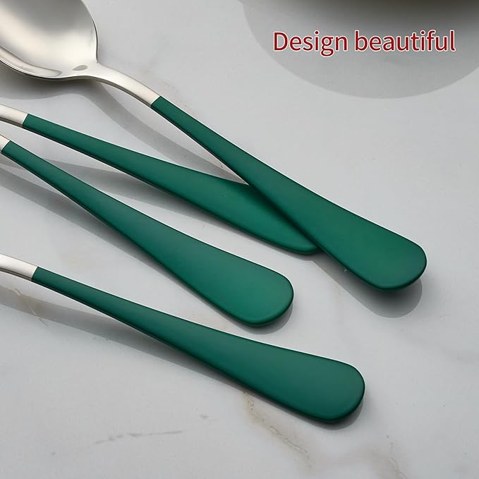 green Dinne spoons Set 12 Piece,Green Handle Silverware 18/0 Stainless Steel Flatware Bulk7.3-inch Dessert Spoons Sets Table of 12,Mirror Finished Dishwasher Safe