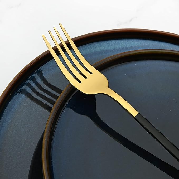 24 Piece Mirror Golden Plated 18/0 Stainless Steel Flatware Set, Black Handle With Golden Mouth Silverware Set With Teaspoon Cutlery Set Service for 6