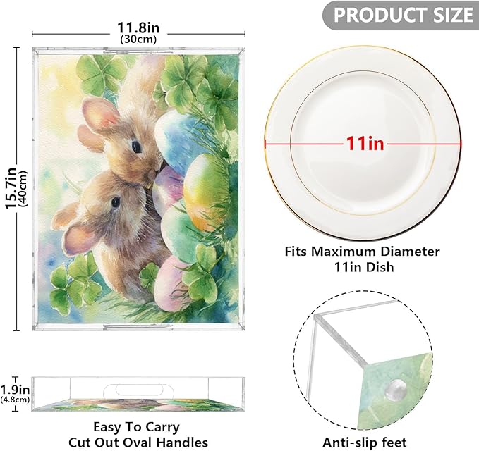 Serving Tray with Handles Clear Acrylic Tray 12x16 Inch Decorative Rectangular Tray Organizer for Ottoman Coffee Table Bathroom Watercolor Easter Bunny Clover