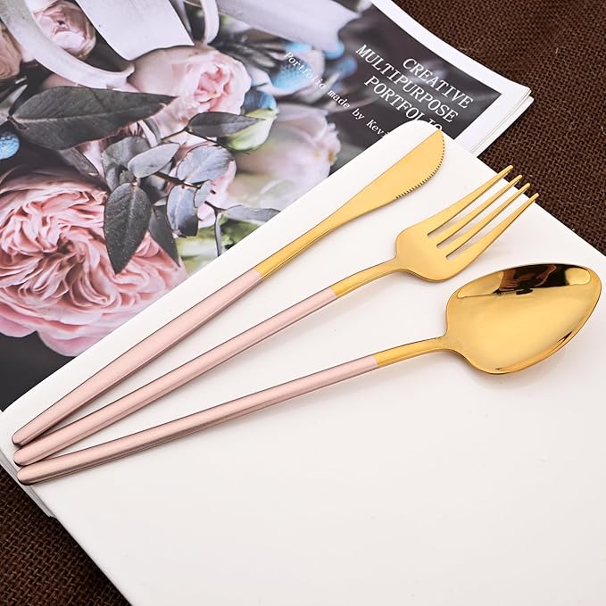 36pcs Silverware Set, 18/10 Stainless Steel Serving Flatware With Curved Handle For 6, Durable Eating Utensils For Home Entertaining, Mirror Polished (Pink Gold)