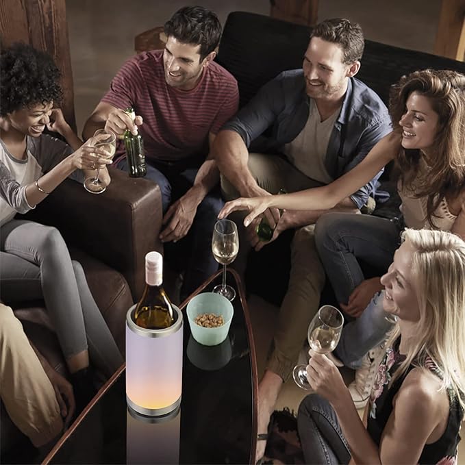 Elrigs Wine Chiller with Rechargeable RGB Touch Lamp| Wine Bottle Cooler Bucket| Double Walled Insulator with 2 Ice Pack for 750ml Champagne| Perfect Wine Gifts| Wine Accessories for Party/Dinner