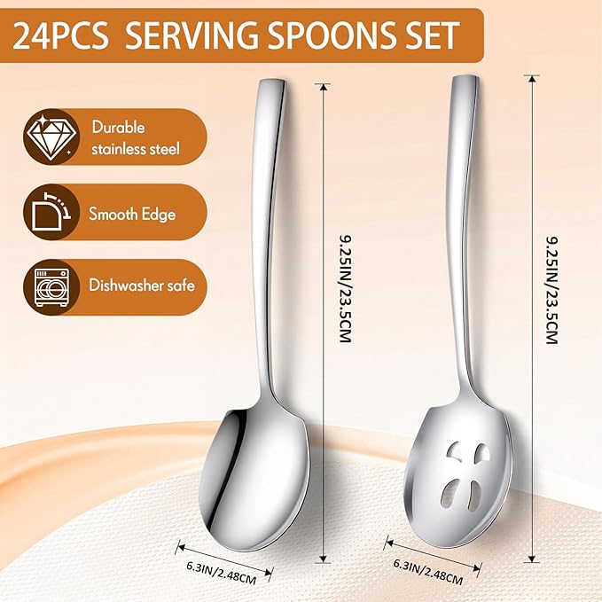 Hushee 24 Pcs Stainless Steel Serving Spoons Set 9.25" Include 12 Large Serving and 12 Large Slotted Spoons Buffet Silver Banquet Utensils for Kitchen Party Catering Dishwasher Safe