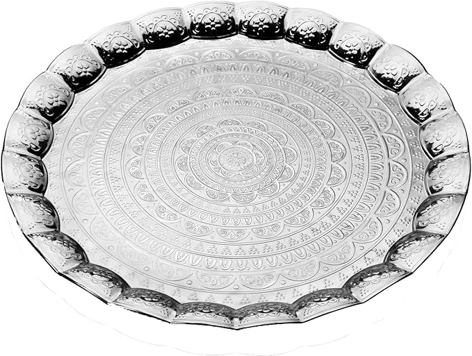 Serving Tray, Coffee Tea Serving Metal Wavy Round Tray 14''(Inches) | Mr Zoni (Silver)