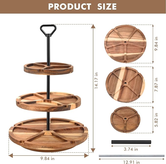 Elegant Charcuterie Boards Three Tiered Acacia Cheese Board and Cupcake Stand with 360° Easy-to-Spin Trays, Perfect for Gatherings, Housewarming Gifts, Celebrations, and Daily Usage.