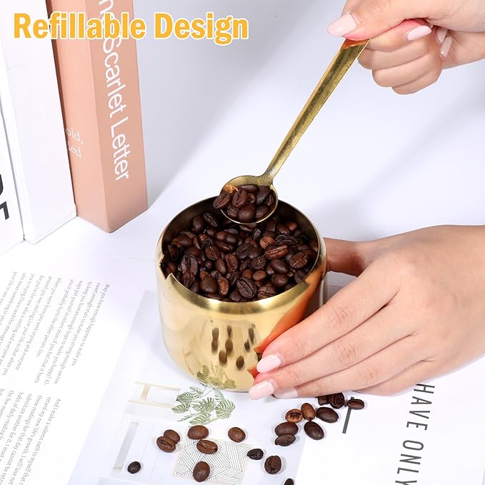 Gold Sugar Bowl with Glass Lid and Spoon, 10oz Capacity Stainless Steel Sugar Container Round Kitchen Storage Pot Coffee Bar Accessories for Kitchen Storage, Salt, Candy, Coffee Beans