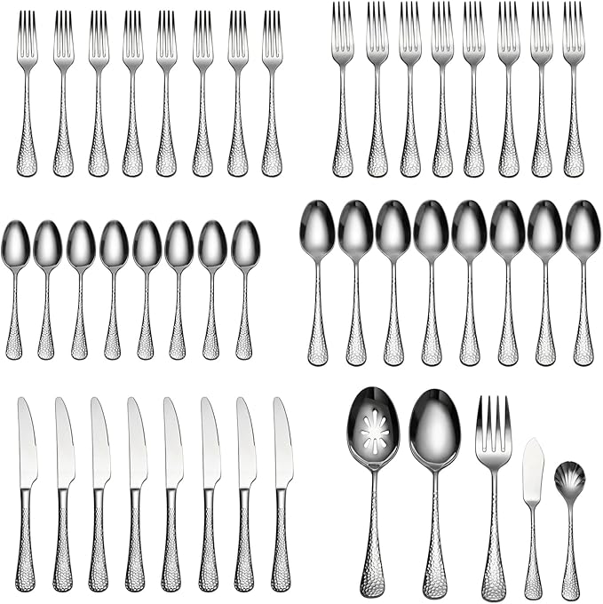 Premium 45 Piece Hammered Silverware Set with Smooth Edge, 18/10 Stainless Steel, Service for 8, Fine Flatware Set, Dishwaser Safe(45)
