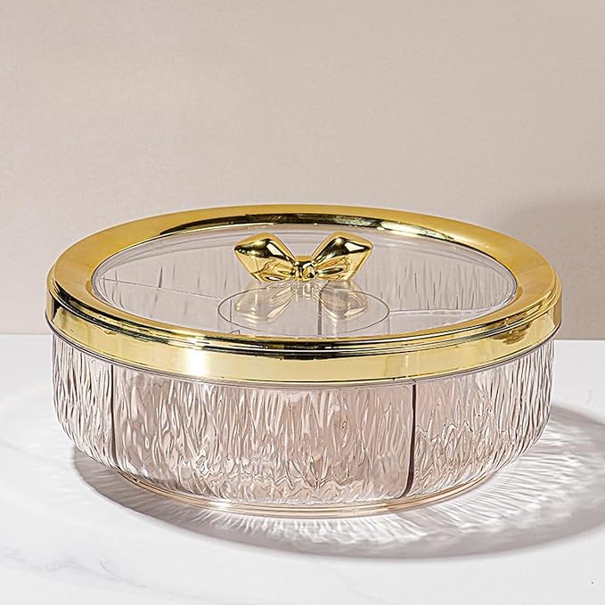 Divided Serving Tray with Transparent Lid Snack Tray Rotatable Base Appetizer Platter with 6 Compartments Dessert Dish Suitable for Gift Giving Home D, Golden Bow