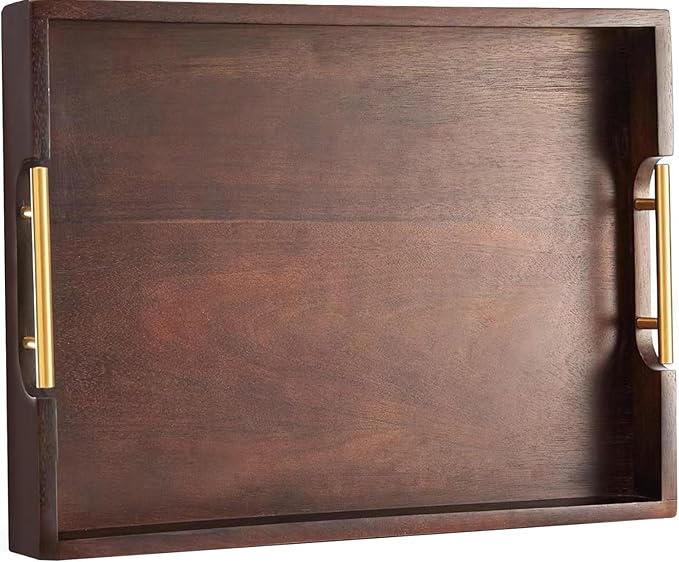Joy&Grace Ottoman Tray for Living Room, Large Acacia Wooden Serving Tray with Handles for Coffee Table, Breakfast in Bed, Food Dinner, Decorative Tray (Color Brown, 16.7" x 12.8" x 2")