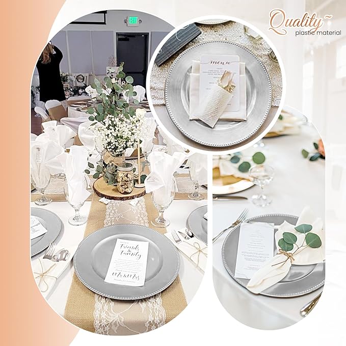 24 Pcs Silver Charger Plates Bulk,13" Round Beaded Plate Chargers for Dinner Plates, Decorative Dinner Charger Plastic Table Chargers for Wedding Holiday Party Baby Shower Event Decoration (Silver)