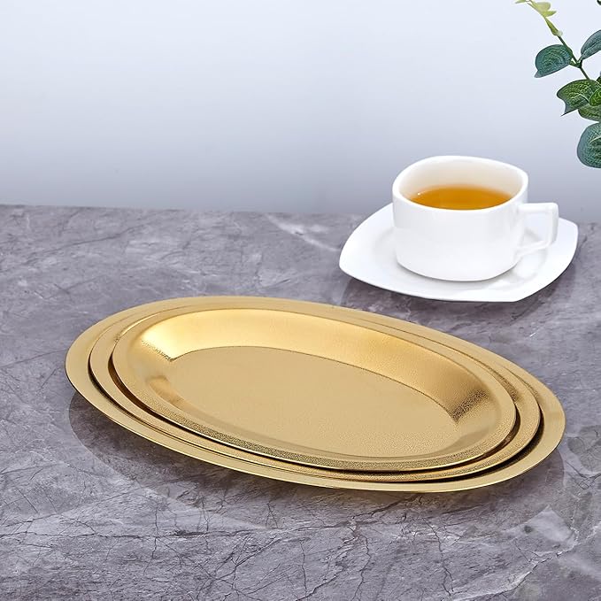 SANQIAHOME 10.9x6.7 Inch Thick Stainless Steel Dinner Plate 2-Piece Set, Egg-Shaped Appetizer Plate,Gold