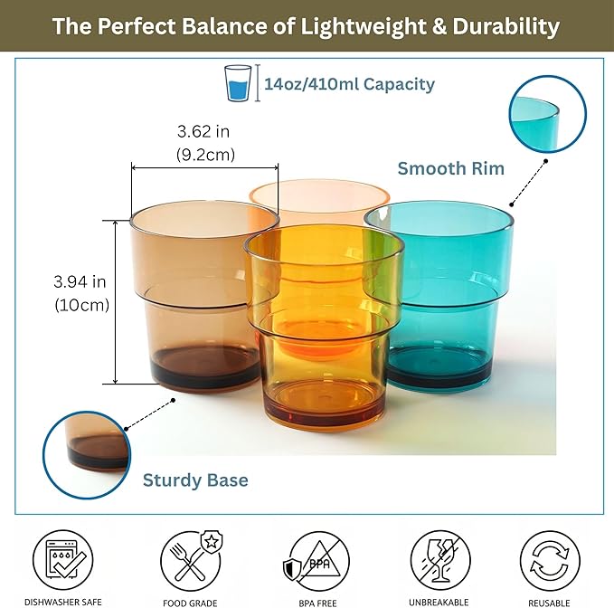WowProLiv 14 oz Plastic Stackable Drinking Tumblers, BPA-Free, Dishwasher Safe, Durable Shatterproof Reusable Kid Cups, Everyday Water/Juice Glasses for Indoor/Outdoor (Set of 8, Gift Box)