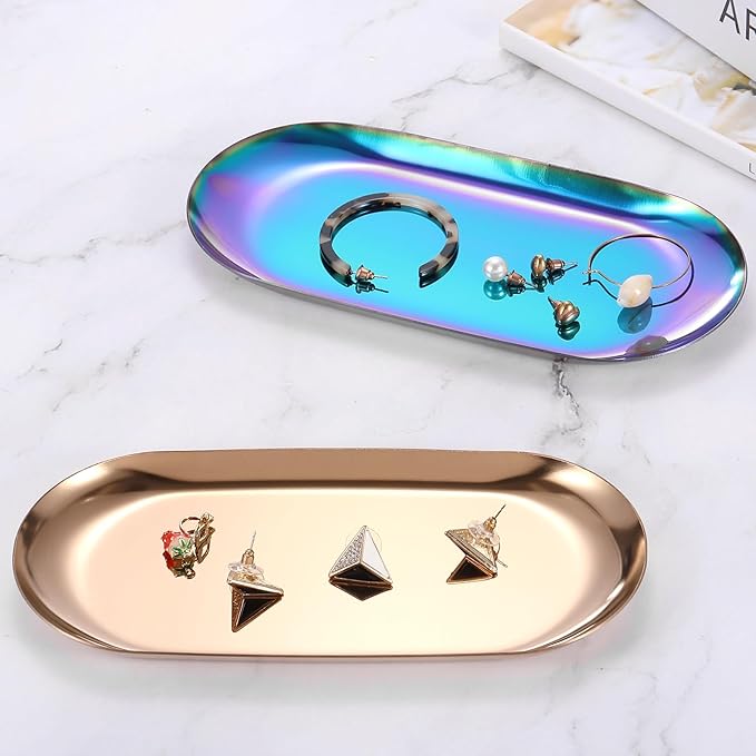 uxcell 6pcs Stainless Steel Decorative Tray, 7 Inch Oval Jewelry Tray, Small Serving Tray for Bathroom Countertops, Closets, Dressers, Multicolor