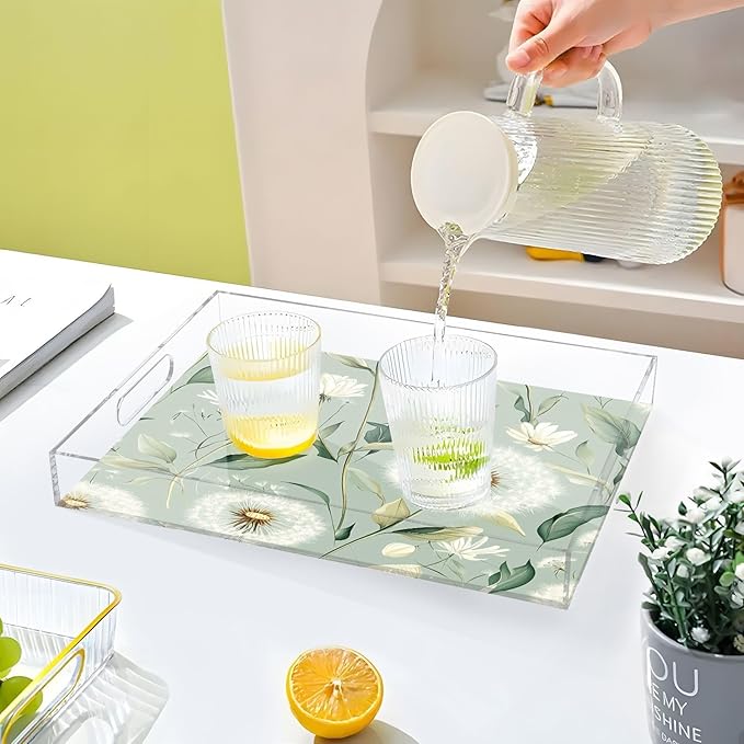 Serving Tray with Handles Clear Acrylic Tray 12x16 Inch Decorative Rectangular Tray Organizer for Ottoman Coffee Table Bathroom Sage Green Dandelion