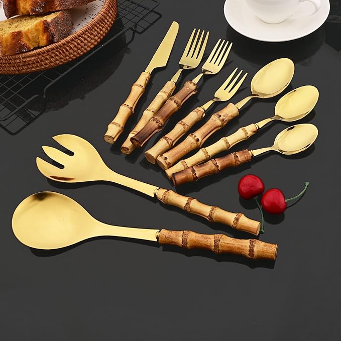 JASHII 304 Stainless Steel Gold Flatware Set, 16pcs Bamboo Handle Silverware Set, Service for 2, with 1 Serving Spoons and 1 Serving Forks. Mirror Polished, Dishwasher Safe