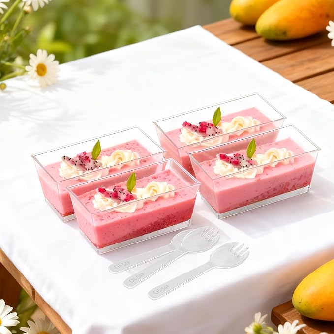 120 Pcs Clear Dessert Cups with Spoons, Reusable Clear Plastic Rectangle Parfait Cups, Mini Serving Bowls for Fruit Ice Cream Desserts Appetizers Puddings Mousse