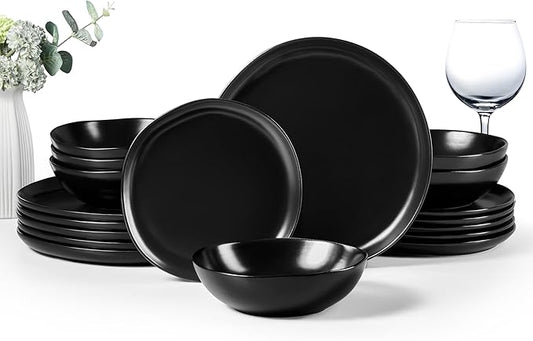 HaWare Plates and Bowls Set, Stoneware Dinnerware Sets, 18-Piece Hand-painted Dish Set for 6, Ceramic Dishware for Home Kitchen, Scratch Resistant, Microwave and Dishwasher Safe, Matte Black