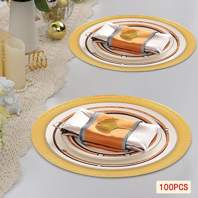 100 Pcs Antique Charger Plates Bulk 13 Inch Embossed Rim Plastic Party Dinner Plate Chargers Round Decorative Server Plate for Wedding Party Event Tableware (100pcs-gold11)