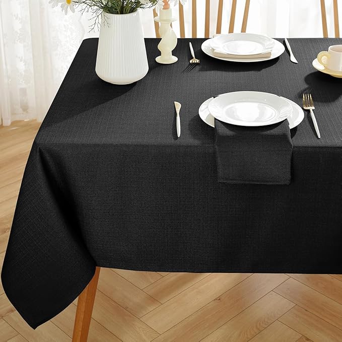 SASTYBALE Faux Linen Rectangle Tablecloth, Waterproof Wrinkle Resistant Textured Table Cloth, Nature Fabric Table Cover for Dining, Party, Indoor, Outdoor (60 x 120 Inch Rectangular, Black)