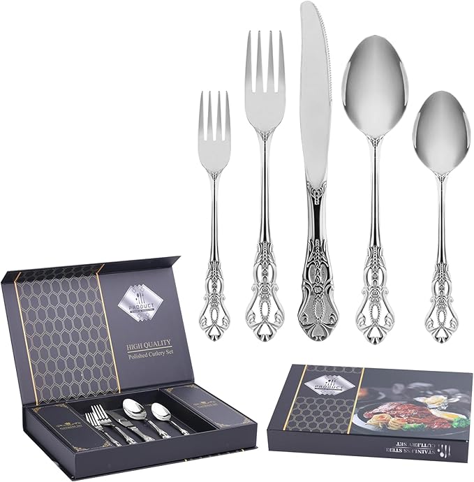 20 Piece Gorgeous Retro Royal Silverware Set for 4, Premium Stainless Steel Flatware Set with gift box, Mirror Polished Cutlery Set Including Spoons and Forks, Vintage Utensils, Dishwasher Safe